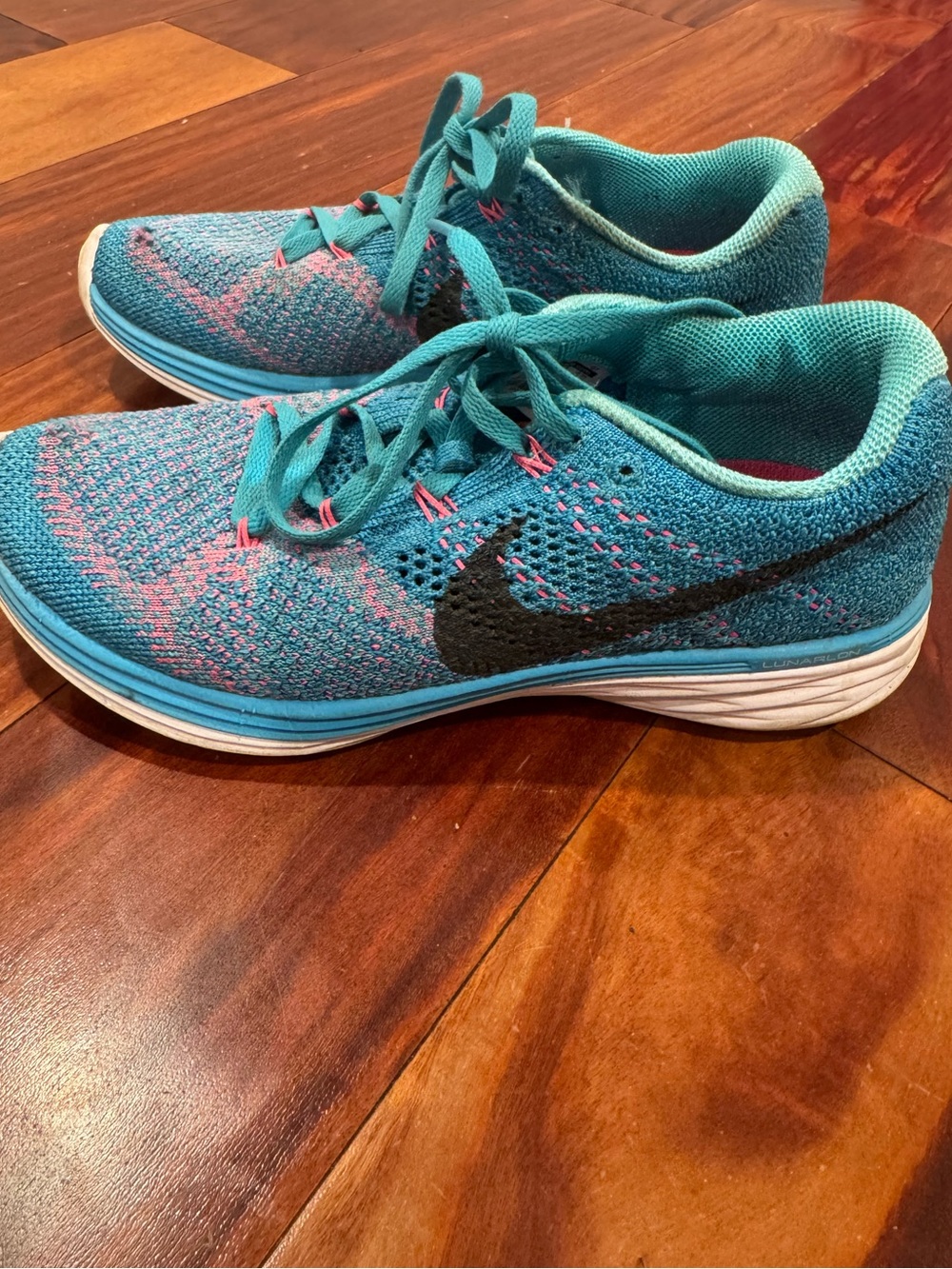 Nike Teal and Pink Flyknit Lunar Women's Running Shoes - Size 6.5